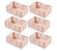6 Pack Pink Foldable Plastic Baskets with Handle - Stackable Storage Crates for Home, Kitchen, Office nization - Collapsible Desktop & Drawer Bins, Medium Size