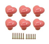 6 Pack Pink Heart Shaped Cabinet Knobs, Ceramic Drawer Pulls with 2 Size Screws, Cute Decorative Handles for Kids Nursery Girls Room, Furniture Hardware for Wardrobe Cupboard Dressing Table
