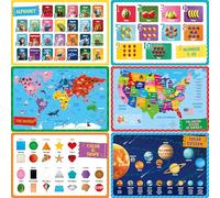 6 Pack Placemats for Kids, Non-Slip Washable, Reusable Alphabet, Number, Shape & Color, Universe, Map, Different Themed Educational Table Mats for Home, Kindergarten, Classroom, Nursery