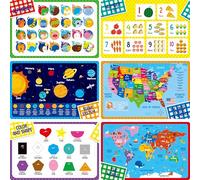 6 Pack Placemats for Kids, Non-Slip Washable, Reusable Alphabet, Number, Shape & Color, Universe, Map Themed Educational Placemats for Home, Kindergarten, Classroom, Nursery