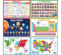 6 Pack Placemats for Kids, Non-Slip Washable, Reusable Universe, Periodic Table, US President, Human Body, Map of USA & World Educational Placemats for Home, Kindergarten, Classroom, Nursery