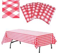 6 Pack Plastic Checkered Tablecloth, 137x274 cm Red and White Picnic Disposable Table Cover Rectangular Gingham Tablecover for Birthdays, Carnivals, Parties