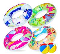 6 Pack Pool Floats Kids, Pool Swim Tubes Rings(4 Pack) - 4Pcs Inflatable Big Floaties Beach Swimming Toys with 2Pcs Beach Balls for Adults Raft Floaties Toddlers(04-Mermaid Dinosaur Flamingo Unicorn)