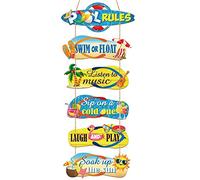 6 Pack Pool Rules Signs and Decor Outdoor, Wooden Beach Wall Hanging Decor, 4 x 11 Inch Summer Slippers Hanging Sign Flip Flop Outdoor Decorations for Swimming Pool Beach Coastal, Assemble by Yourself