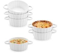 6 Pack Porcelain Ramekins with Double Handles, 300 ml White Souffle Dishes | Ceramic Mini Pie Dishes for Creme Brulee, Pudding, Quiche, Pot Pies, Custard and Desserts, Oven & Dishwasher Safe