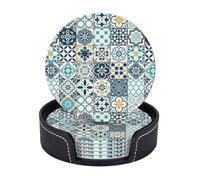6 Pack Portuguese Tiles Coaster for Drinks with Holder, Spring Summer Waterproof Non-Slip Leather Coasters for Wooden Table Coffee Table Dinning Bar Decor, Round