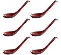 6 Pack - Red and Black 6.5-inch Asian Soup Spoon with Hook- Fuji Chinese Japanese Korean Style Spoon, Perfect for Melamine Won Ton Rice Pho Soba & Ramen Noodle Soups