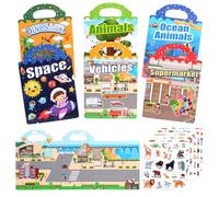6 Pack Reusable Sticker Books for Toddlers Sticker Books for 2-4 Year Olds Boys Girls Puffy Stickers for Children Gift Educational Toys with Vehicles Dinosaurs Space Scene for Toddler Plane Activities