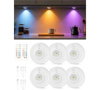 6 Pack RGB Puck Lights with Remote Control, Rechargeable Under Cupboard Lights Indoor, Dimmer & Timer Under Cabinet Lighting, Wireless LED Stick-On Wardrobe Lamp for Kitchen, Closet, Bedroom - White