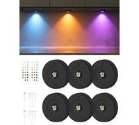 6 Pack RGB Puck Lights with Remote Control, Rechargeable Under Cupboard Lights Indoor, Dimmer & Timer Under Cabinet Lighting, Wireless LED Stick-On Wardrobe Lamp for Kitchen, Closet, Bedroom - Black