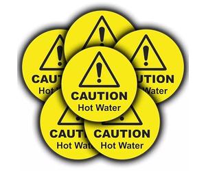 6-Pack Round Caution Hot Water Vinyl Sticker Signs - Weatherproof, Sun Resistant, Durable Safety Decals - 85mm diameter - For coffee machines, restaurants, bars and commercial Kitchens