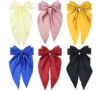 6 Pack Satin Big Large Hair Bows for Women Oversized Giant Bow Hair Clips French Barrette with Long Silky Ribbon Tail Lady Hairpin Ponytail Holder Bowknot Hair Accessories
