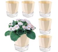 6 Pack Self Watering Plant Pots 5 Inches - Indoor & Outdoor Planters for African Violet, Orchid & Herb - Clear & Ivory White