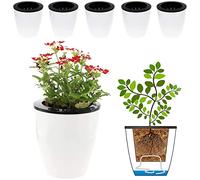 6 Pack Self Watering Pots for Indoor Plants, 12cm Width Self Watering Flower Pot with Cotton Rope, Decorative Plastic Planter for Indoor Golden Devil's Ivy Violet Orchid