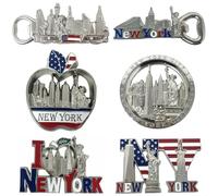 6 Pack Silver Bundle Fridge Magnets New York Souvenir Empire State Building, Skylines, Statue of Liberty, Brooklyn Bridge, The Big Apple, USA Flag, Bottle Opener