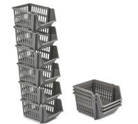6 Pack Silver Plastic Stacking Storage Baskets Rectangular Clip Together Organiser For Home Office And Kitchen 18Cm