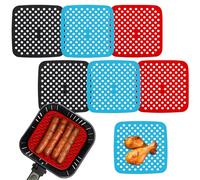 6 Pack Square Silicone Air Fryer Liners - 8.5 Inch / 21.6 cm Reusable Nonstick Mats - Heat-Resistant, Dishwasher Safe Air Fryer Accessories - Black, Red, Sky Blue