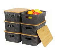 6 Pack Stackable Plastic Storage Boxes with Bamboo Lids & Handles, Ventilated Mesh Baskets for Kitchen/Bathroom Storage, Durable Space-Saving Organizers for Shelves, Cabinets, Pantry, Toy & Laundry