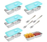 6 Pack Stainless Steel Snack Boxes with 4Pcs Forks, Reusable 2 Compartments Snack Pots Meal Prep Containers with Lids for Kids Adults, Leakproof Metal lunch boxes for School Travel Kitchen Storage