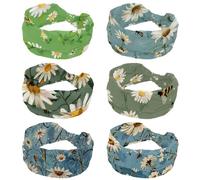 6 Pack Stretchy Headbands for Women, Yoga Workout Sport Headband, Daisy Bees Twisted Knot Turban Hair Wrap, Wide Hairband