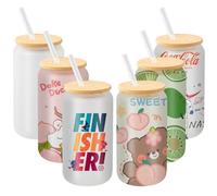 6 Pack Sublimation Glass Cups, 455ml/16oz Sublimation Glass Blank Can with Lids and Glass Straws, Clear Frosted Glass Cups Straight Sublimation Tumblers for Beer Iced Coffee Milk Juice