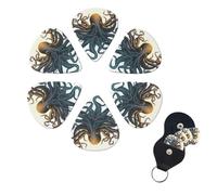 6 Pack Sun Ocean Octopus Guitar Picks with Guitar Pick Holder, Personalized Celluloid Plectrums for Acoustic Guitar, Bass, Ukulele, Cool Bass Accessories Gifts for Men Women 0.46mm