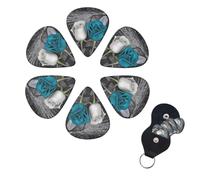 6 Pack Teal Gray Rose Guitar Picks with Guitar Pick Holder, Personalized Celluloid Plectrums for Acoustic Guitar, Bass, Ukulele, Cool Bass Accessories Gifts for Men Women 0.71mm