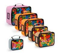 6 Pack Toy Storage Bags with Mesh & Tag Pockets, 4 Sizes | Clear Zipper Organizing Bags | Travel See Through Colored Pouch for Lego Bricks, Building Blocks, Toy Cars, Puzzles (Set B: Pink/Orange)