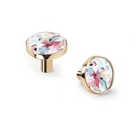 6 Pack Tropical Pink Palm Leaves Blue Flowers Cabinet Knobs and Wall Hooks, Golden Drawer Pulls for Kitchen Bathroom Dresser Zinc Alloy Handles