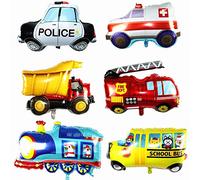6 Pack Vehicle Balloons for Party Decrations,Large Car Police Car Ambulance Engineering Truck Fire Truck Train Schoolbus Shaped Foil Balloons for Birthday Wedding Summer Luau Party Accessories