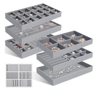 6 Pack Velvet Jewellery Storage Trays, Stackable Jewelry Organizer, Removable Ring Holder Box for Drawers, Wardrobe, Tray Organiser Insert for Display Bracelet, Earring, Necklace, Makeup (Gray)