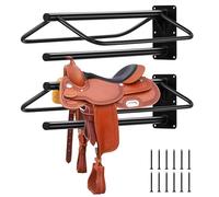6 Pack Wall Mounted Saddle Rack with Blanket Bar, Heavy Duty Carbon Steel Saddle Stand for Horse Tack Storage, Space Saving Saddle Holder for Tack Room Stable Organisation