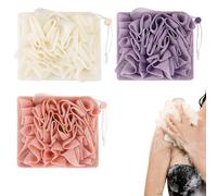 6 Pack Washcloth Loofah Combo 2 in 1 Drawstring Loofah Sponge with Bar Soap Pocket Exfoliation Mesh Shower Puff Ball for Body Wash Cleansing and Smooth Skin (Purple Pink Beige,3)
