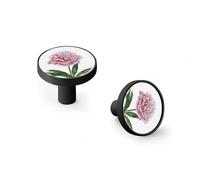 6 Pack Watercolor Botanical Pink Peony Cabinet Knobs and Wall Hooks, Black Base Drawer Pulls for Kitchen Bathroom Dresser Zinc Alloy Handles