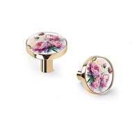 6 Pack Watercolor Pink Peony on White Cabinet Knobs and Wall Hooks, Gold Base Drawer Pulls for Kitchen Bathroom Dresser Zinc Alloy Handles