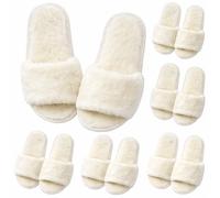 6 Pack White Fluffy Slippers for Women, Luxury Coral Fleece Open Toe Bridesmaid Slippers, Non-Slip Spa Slippers for Bridal Party, Hen Do, Wedding Guest Slippers