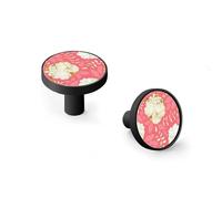 6 Pack White Golden Peonies and Pink Leaves Cabinet Knobs and Wall Hooks, Black Base Drawer Pulls for Kitchen Bathroom Dresser Zinc Alloy Handles