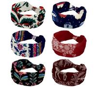 6 Pack Wide Headbands for Women Non Slip Soft Elastic Hair Bands Yoga Running Sports Workout Gym Head Wraps, Knotted Cotton Cloth Christmas Animals Cute Penguin Turbans Bandana