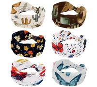 6 Pack Wide Headbands for Women, Western Vintage Cowboy Wild West Caps Boots Cactus Pattern Elastic Workout Hairband, Soft Sport Turban Headband Headwrap for Yoga Gym Fitness