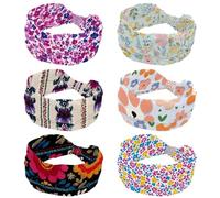 6 Pack Wide Headbands, Hairbands for Women, Stretchy Headband, Pink Yellow Florals Blue Background Elastic Head Wrap Hair Accessories, Twisted Cross Hairband