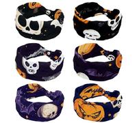 6 Pack Wide Non-Slip Women's Headband - Elastic Large Halloween Skulls Pumpkins Bats Turban Headwrap Ideal for Yoga,Workouts,Running - Non-Slip Design for Women