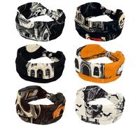 6 Pack Wide Non-Slip Women's Headband - Elastic Turban Headwrap Ideal for Yoga,Workouts,Running for Women, Halloween Bats Candies Pumpkins