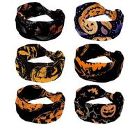 6 Pack Wide Non-Slip Women's Headband - Elastic Turban Headwrap Ideal for Yoga,Workouts,Running for Women, Pumpkin Helloween 2