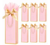 6 Pack Wine Gift Bags with Tissue Paper Wine Bottle Paper Bags with Bow Ribbon for Wedding Birthday Christmas Retirement Party Supplies (Pink)