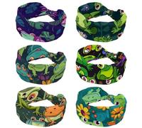 6 Pack Women's Headbands, Playful Cartoon Frogs with Flowers Soft Wide Headband, Non Slip Hairbands, Elastic Hair Band, Twisted Knot Turban Headwrap