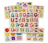 6 Pack Wooden Peg Puzzles for 3+ Year Olds - Educational Alphabet, Number, Shape & Animal Learning - Preschool Toys Ages 3 4 5