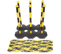 (6 Pack) Yellow & Black Plastic Chain Post Set Demarcation Safety Chain Barrier Post Pole with Base and 15mtr Plastic Chain