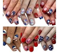6 Packs (144 Pcs) 4th of July Press on Nails, Short Square Press on Nails, Star Fake Nails Red Blue Independence Day False Nails for Women, Stick on Nails Kit 12 Sizes-6Styles