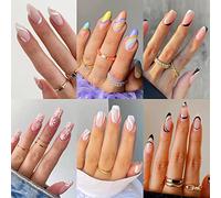 6 Packs (144 Pcs) Press on Nails Medium Design, Misssix Fake Nails Almond and Square Glue on Nails Set with Adhesive Tabs Nail File for Women