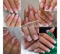 6 Packs (144 Pcs) Press on Nails Medium - Jsiallye Pink Gradient Press on Nails Square Coffin, Glue on with Nail in 12 Sizes - 24 Fake Nails Kit, French Tip Stick on Nails for Women